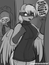 Size: 1200x1600 | Tagged: safe, artist:jcosneverexisted, derpy hooves, sunshower raindrops, anthro, g4, backless, clothes, dialogue, doodle, female, open-back sweater, patreon, sleeveless sweater, superhero, sweater, virgin killer sweater
