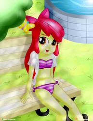 Size: 1500x1942 | Tagged: safe, alternate version, artist:dieart77, apple bloom, butterfly, equestria girls, g4, belly button, bikini, bow, clothes, cute, female, fountain, hair bow, looking at you, multiple variants, needs more jpeg, open clothes, open mouth, side-tie bikini, smiling, solo, swimsuit