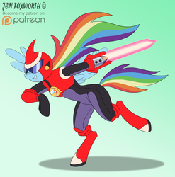 Size: 3461x3500 | Tagged: safe, artist:foxbeast, rainbow dash, anthro, unguligrade anthro, g4, arm hooves, crossover, cyber sword, female, gradient background, high res, mega man (series), megaman battle network, patreon, patreon logo, protoman.exe, solo