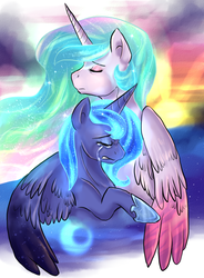 Size: 852x1158 | Tagged: safe, artist:not-ordinary-pony, princess celestia, princess luna, alicorn, pony, g4, crying, duo, female, forgiveness, glowing mane, hug, mare, missing accessory, royal sisters, sad, sisters