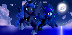 Size: 2366x1150 | Tagged: safe, artist:skyart301, princess luna, oc, oc:seaside, alicorn, pegasus, pony, g4, cloud, duo, female, flying, full moon, looking at each other, mare, moon, night, smiling, water