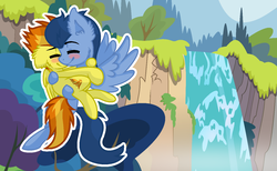 Size: 1280x791 | Tagged: safe, artist:sapphireartemis, spitfire, wave chill, pony, g4, base used, blushing, carrying, hug, shipping, waterfall, wavefire