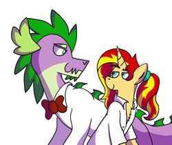 Size: 1024x859 | Tagged: safe, artist:numbuh-27, spike, sunset shimmer, dragon, pony, unicorn, g4, clothes, female, male, older, ship:sunsetspike, shipping, simple background, straight, white background
