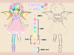 Size: 5412x4012 | Tagged: safe, artist:hawthornss, oc, oc only, oc:paper stars, bat pony, human, absurd resolution, amputee, bandage, bow, clothes, cute little fangs, ear fluff, fangs, humanized, humanized oc, looking at you, missing limb, reference sheet, smiling, socks, text, thigh highs