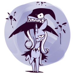 Size: 1250x1250 | Tagged: safe, artist:anibaruthecat, trixie, pony, unicorn, g4, female, grin, hair over one eye, hat, limited palette, mare, monochrome, raised hoof, smiling, solo, witch hat