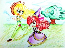 Size: 1854x1390 | Tagged: safe, artist:liaaqila, apple bloom, applejack, equestria girls, for whom the sweetie belle toils, g4, beautiful, boots, clothes, commission, costume, cowboy boots, cute, dress, grass field, hennin, high heel boots, high heels, laughing, looking at each other, princess, princess apple bloom, racing, running, sisters, tongue out, traditional art, tree