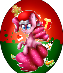 Size: 2203x2539 | Tagged: safe, artist:mandy-sunshine, pinkie pie, earth pony, pony, g4, candy, candy cane, christmas, christmas tree, female, food, gingerbread man, high res, present, snowman, solo, tree