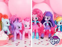 Size: 1068x800 | Tagged: safe, pinkie pie, rainbow dash, twilight sparkle, human, pony, equestria girls, g4, official, balloon, boots, bowtie, clothes, cupcake, doll, equestria girls minis, food, high heel boots, human ponidox, irl, leg warmers, my little pony logo, one eye closed, photo, pony counterpart, self ponidox, shoes, skirt, toy, wink, wristband