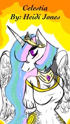 Size: 640x1136 | Tagged: safe, artist:theuniversaldoctor, princess celestia, anthro, g4, blushing, clothes, crown, dress, jewelry, looking at you, necklace, regalia
