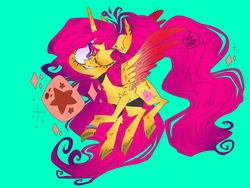 Size: 2048x1536 | Tagged: safe, artist:terrifyinglagomorpha, oc, oc only, oc:rosebud, alicorn, pony, alicorn oc, colored wings, colorful, female, mare, one eye closed, simple background, spread wings, stars, wings, wink
