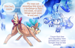Size: 2000x1283 | Tagged: safe, artist:vavacung, velvet (tfh), oc, oc:crystal heart, alicorn, deer, pony, reindeer, them's fightin' herds, alicorn oc, bow, butt, community related, crown, deer magic, dialogue, duo, female, fight, glowing horn, horn, ice, jewelry, lidded eyes, magic, mare, plot, rear view, regalia, serious, serious face, snow, speech bubble, tail bow