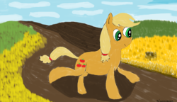Size: 1666x962 | Tagged: safe, artist:amateur-draw, applejack, earth pony, pony, g4, field, missing accessory, ms paint, scenery