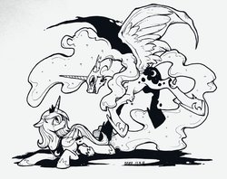 Size: 1024x813 | Tagged: safe, artist:ogre, nightmare moon, princess luna, alicorn, pony, g4, crying, duality, flying, grin, monochrome, prone, s1 luna, simple background, smiling