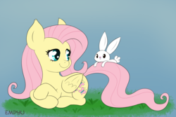 Size: 1000x667 | Tagged: safe, artist:empyu, angel bunny, fluttershy, pegasus, pony, rabbit, g4, cute, duo, female, folded wings, looking at each other, looking back, mare, shyabetes, simple background, smiling