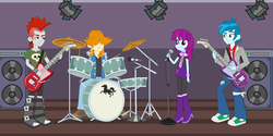 Size: 1539x769 | Tagged: safe, artist:tantastirke, crimson napalm, mystery mint, thunderbass, valhallen, equestria girls, g4, my little pony equestria girls: rainbow rocks, background human, boots, bracelet, clothes, cymbals, drum kit, drums, drumsticks, ear piercing, earring, electric guitar, guitar, high heel boots, jacket, jewelry, microphone, musical instrument, necktie, pants, piercing, scarf, shoes, skull, sneakers, thunderstruck (band)