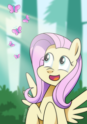 Size: 1093x1546 | Tagged: safe, artist:sketchzi, fluttershy, butterfly, pegasus, pony, g4, bust, crepuscular rays, female, forest, looking at something, looking up, open mouth, portrait, rearing, smiling, so many wonders, solo, spread wings, wings