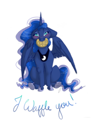 Size: 5100x7014 | Tagged: safe, artist:flita, princess luna, alicorn, pony, g4, absurd resolution, blushing, female, floppy ears, food, looking at you, mouth hold, simple background, sitting, solo, spread wings, transparent background, waffle, wings