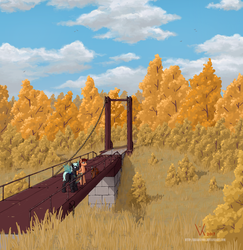 Size: 1555x1598 | Tagged: safe, artist:eriada, oc, oc only, changeling, pegasus, pony, bridge, drawing, duo, forest, looking away, scenery