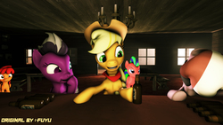 Size: 3856x2169 | Tagged: safe, artist:firesparky, applejack, oc, oc:firebot, oc:red apple, pony, g4, 3d, alcohol, bottle, high res