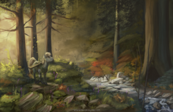 Size: 1500x971 | Tagged: safe, artist:blindcoyote, oc, oc only, deer, pony, clothes, commission, everfree forest, forest, grass, gun, looking around, looking up, male, river, rock, scenery, scenery porn, smiling, solo, stag, stallion, stream, tree, weapon