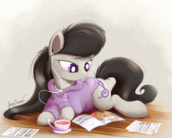 Size: 2250x1800 | Tagged: safe, artist:bugplayer, octavia melody, earth pony, pony, g4, clothes, colored pupils, crossed hooves, cup, earbuds, female, food, high res, hoodie, magazine, mare, paper, prone, reading, solo, sweater, tea, teacup