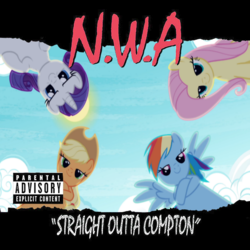 Size: 654x654 | Tagged: safe, edit, applejack, fluttershy, rainbow dash, rarity, g4, album, fresh princess of friendship, nwa, parental advisory, straight outta compton