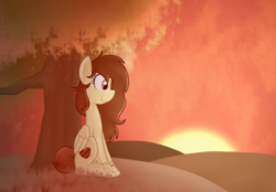 Size: 916x636 | Tagged: safe, artist:rozzertrask, oc, oc only, oc:chocolate truffle, pegasus, pony, female, folded wings, looking away, mare, profile, sitting, smiling, solo, sunset, tree, under the tree