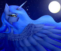 Size: 2400x2000 | Tagged: safe, artist:minelvi, artist:skyla03, princess luna, alicorn, pony, g4, collaboration, female, high res, mare, moon, night, night sky, open collaboration, solo, spread wings, wings
