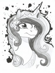 Size: 2483x3299 | Tagged: safe, artist:lupiarts, princess celestia, alicorn, pony, g4, bust, female, grayscale, high res, mare, monochrome, portrait, solo, traditional art