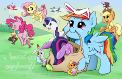 Size: 1500x970 | Tagged: safe, artist:midnightpremiere, angel bunny, applejack, fluttershy, pinkie pie, rainbow dash, rarity, scootaloo, twilight sparkle, winona, alicorn, bird, dog, earth pony, pegasus, pony, rabbit, unicorn, g4, animal, annoyed, bow, bunny ears, butt, cute, dashabetes, easter, easter bunny, easter egg, female, mane six, mare, plot, scootachicken, smiling, tail bow, twibutt