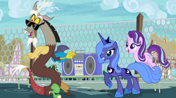 Size: 1276x710 | Tagged: safe, screencap, discord, princess luna, starlight glimmer, alicorn, draconequus, pony, unicorn, g4, boombox, fresh princess of friendship, s1 luna, sunglasses