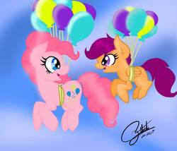 Size: 1120x960 | Tagged: safe, artist:sweetkllrvane, pinkie pie, scootaloo, earth pony, pegasus, pony, g4, balloon, cloud, duo, floating, scootaloo can fly, scootalove, sky, then watch her balloons lift her up to the sky