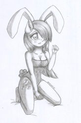 Size: 1332x2035 | Tagged: safe, artist:kruszynka25, marble pie, earth pony, anthro, g4, blushing, breasts, bunny ears, bunny tail, clothes, female, grayscale, monochrome, pencil drawing, shy, sitting, sketch, solo, traditional art, x0000 milestone