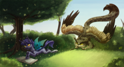 Size: 2500x1348 | Tagged: safe, artist:weird--fish, oc, oc only, changeling, griffon, book, duo, grass, tree