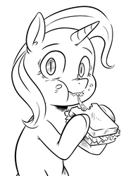 Size: 783x1000 | Tagged: safe, artist:raph13th, trixie, pony, unicorn, comic:glim glam and pals, g4, black and white, female, food, grayscale, krystal can't enjoy her sandwich, lineart, looking at you, mare, monochrome, sandwich, simple background, solo, white background