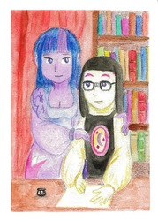 Size: 1424x1984 | Tagged: safe, artist:rufina-tomoyo, moondancer, twilight sparkle, human, g4, breasts, busty twilight sparkle, female, humanized, library, mexico, traditional art, watercolor painting