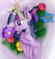 Size: 3680x3920 | Tagged: safe, artist:check3256, twilight sparkle, alicorn, pony, g4, big crown thingy, bust, element of magic, female, flower, high res, jewelry, portrait, profile, regalia, smiling, solo, twilight sparkle (alicorn)