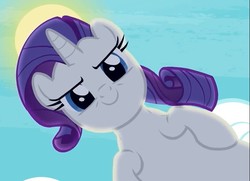 Size: 725x526 | Tagged: safe, screencap, rarity, pony, unicorn, g4, cloud, cropped, evil smile, female, fresh princess of friendship, lidded eyes, mare, smiling, smirk, solo, sun, the fresh prince of bel-air