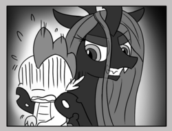 Size: 1028x786 | Tagged: safe, artist:loreto-arts, edit, queen chrysalis, spike, changeling, dragon, comic:friendship is innuendo, g4, aura, cheek pinch, comic, monochrome, sweat, this will end in tears and/or death