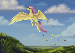 Size: 3508x2480 | Tagged: safe, artist:kirillk, fluttershy, butterfly, pegasus, pony, g4, female, flying, high res, mare, meadow, realistic horse legs, scenery, sky, solo, spread wings, wings