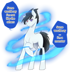 Size: 2981x3073 | Tagged: safe, artist:mylittlesheepy, oc, oc only, oc:tobias, earth pony, pony, aura, blank flank, caption, heterochromia, high res, male, solo