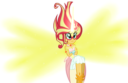 Size: 900x585 | Tagged: dead source, safe, artist:wubcakeva, sunset shimmer, equestria girls, g4, clothes, crossed arms, daydream shimmer, dress, female, look of disapproval, simple background, sleeveless, solo, strapless, unamused, white background