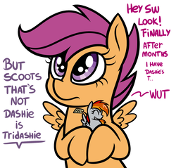 Size: 1553x1484 | Tagged: dead source, safe, artist:radek1212, scootaloo, oc, oc:tridashie, pegasus, pony, g4, cute, cutealoo, dialogue, doll, eyes closed, feathered wings, female, filly, frown, grammar error, grin, hug, implied sweetie belle, looking up, offscreen character, scam, silly, silly pony, simple background, smiling, solo, speech bubble, spread wings, this will end in tears, toy, wat, white background, wings