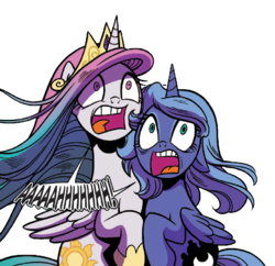Size: 864x838 | Tagged: safe, artist:brenda hickey, edit, idw, princess celestia, princess luna, alicorn, pony, g4, legends of magic #1, my little pony: legends of magic, duo, ears back, female, open mouth, raised hoof, s1 luna, scared, screaming, simple background, transparent background, younger