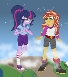 Size: 1501x1694 | Tagged: safe, artist:berrypunchrules, sci-twi, sunset shimmer, twilight sparkle, equestria girls, g4, my little pony equestria girls: legend of everfree, boots, camp everfree outfits, clothes, converse, cute, evil grin, female, giantess, glasses, grin, macro, planet, pure unfiltered evil, raised leg, shoes, shorts, smiling, sneakers, socks, space, stars, this will end in pain