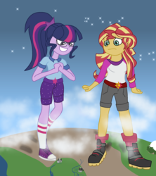 Size: 1501x1694 | Tagged: safe, artist:berrypunchrules, sci-twi, sunset shimmer, twilight sparkle, equestria girls, g4, my little pony equestria girls: legend of everfree, boots, camp everfree outfits, clothes, converse, cute, evil smile, female, giantess, glasses, grin, macro, planet, pure unfiltered evil, raised leg, shoes, shorts, smiling, sneakers, socks, space, stars, this will end in pain