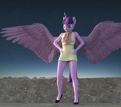 Size: 2000x1778 | Tagged: safe, artist:jawolfadultishart, twilight sparkle, alicorn, anthro, plantigrade anthro, g4, 3d, clothes, cute, dancing queen, daz studio, dress, female, grin, high heels, legs, panties, purple underwear, scarf, shoes, skirt, smiling, solo, stars, tap dancing, twilight sparkle (alicorn), underwear, upskirt