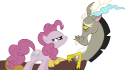 Size: 4029x2266 | Tagged: safe, artist:wolfie-blitz, discord, pinkie pie, draconequus, g4, the return of harmony, amused, discorded, female, high res, male, mare, meanie pie, pouting, simple background, transparent background, vector