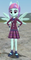 Size: 448x858 | Tagged: safe, artist:humberto2000, sunny flare, pegasus, pony, equestria girls, g4, 3d, bowtie, clothes, crystal prep academy uniform, hand on hip, looking at you, majestic, ponied up, pony ears, school uniform, shoes, socks, wings