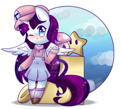 Size: 1024x916 | Tagged: safe, artist:twily-star, oc, oc only, oc:twily star, alicorn, pony, 1-up mushroom, bipedal, clothes, cosplay, costume, female, male, mare, mario, one eye closed, solo, stars, super mario bros., watermark, wink
